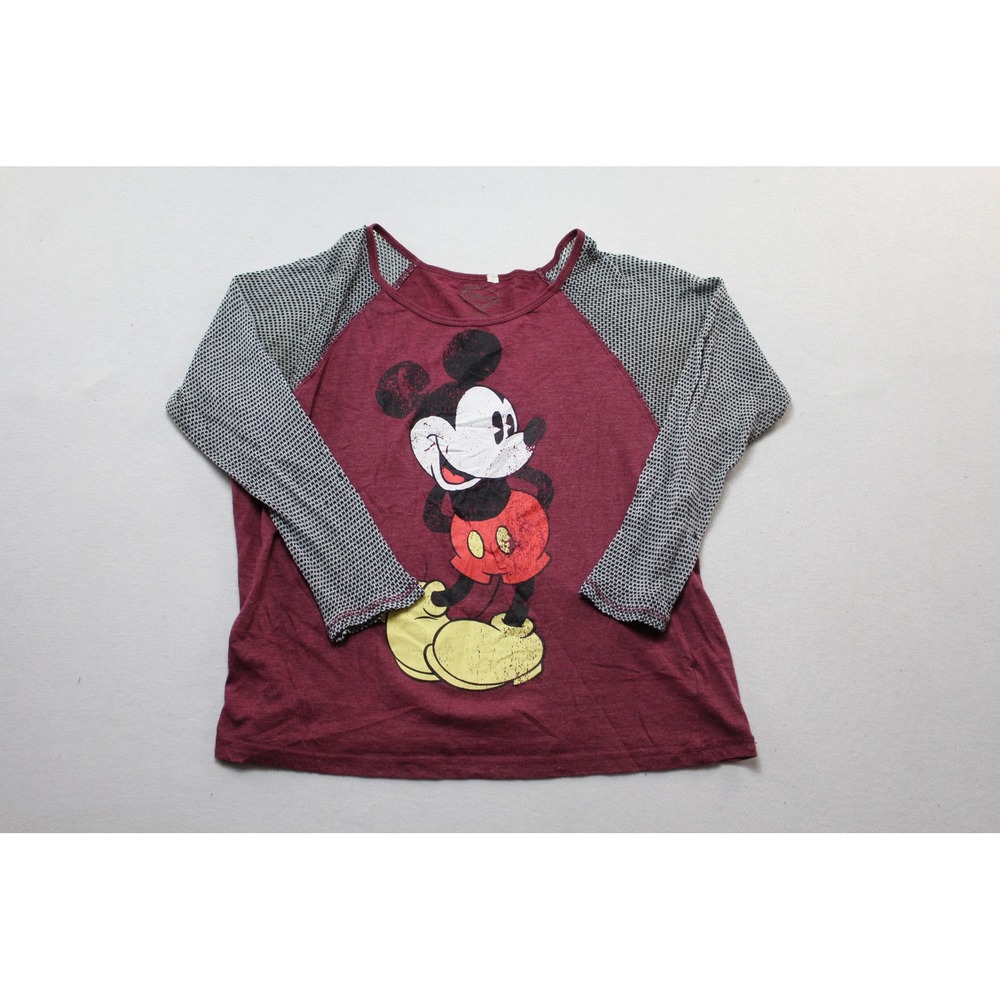 Disney Mickey Mouse Raglan Tee Womens Extra Large Burgundy Waffle Sleeve EX
